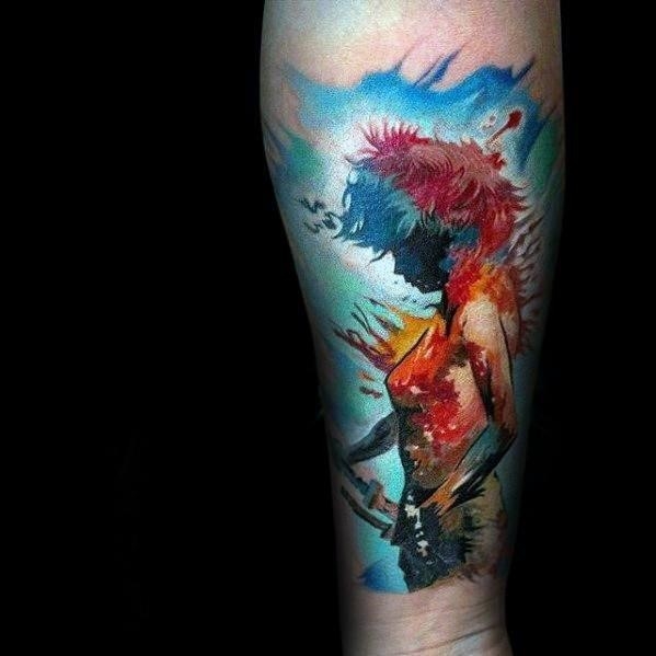 Artistic male anime watercolor forearm sleeve tattoo ideas