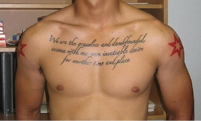 Awesome script chest tattoo for men