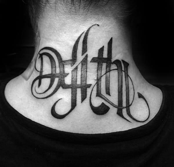 Back of neck life death male tattoo ambigram