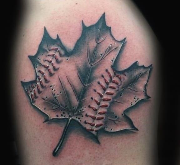 Baseball maple leaf design tattoo on male