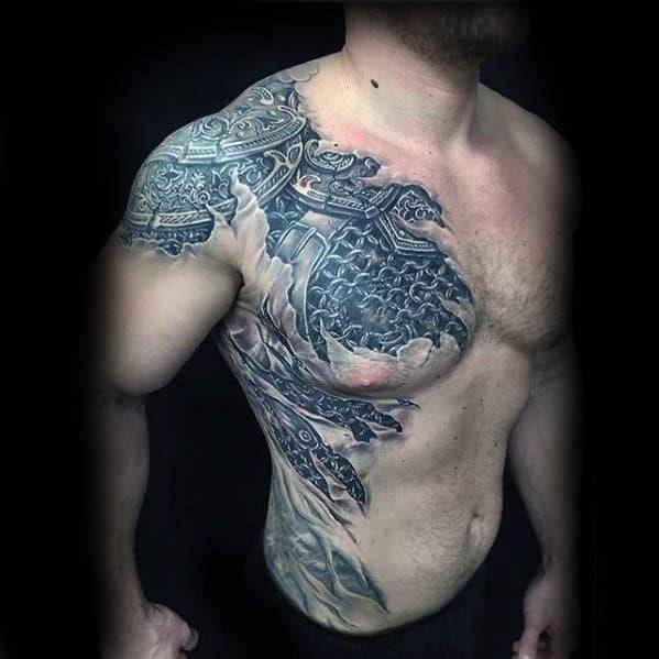 Battle armor mens 3d plate tattoo on chest and shoulder