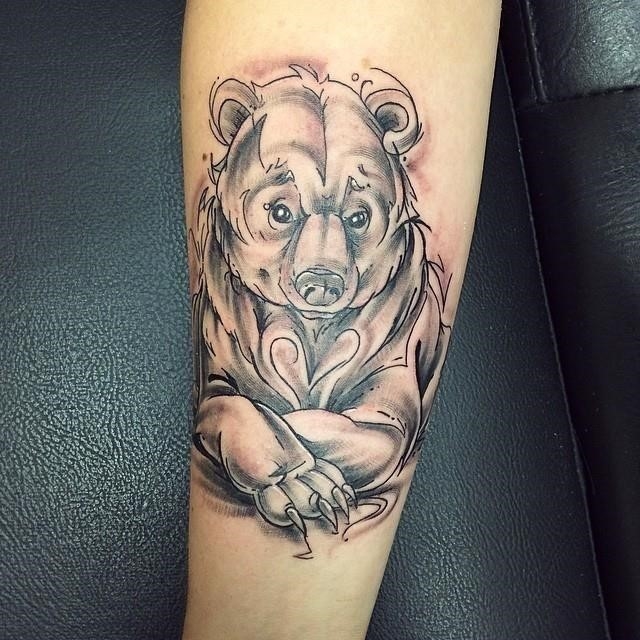 Old School Flower Bear Thigh Tattoo by Montalvo Tattoos