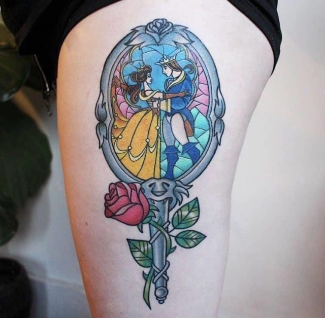 Beauty and the beast leg sleeve tattoo disney tattoos
