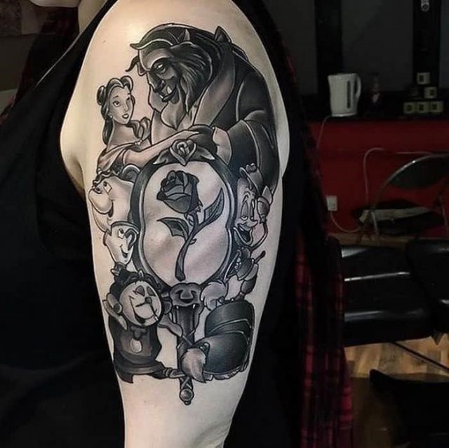 Beauty and the beast unique sleeve tattoo