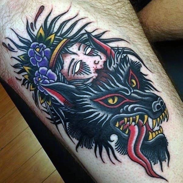 Black devil and head traditional tattoo mens forearms