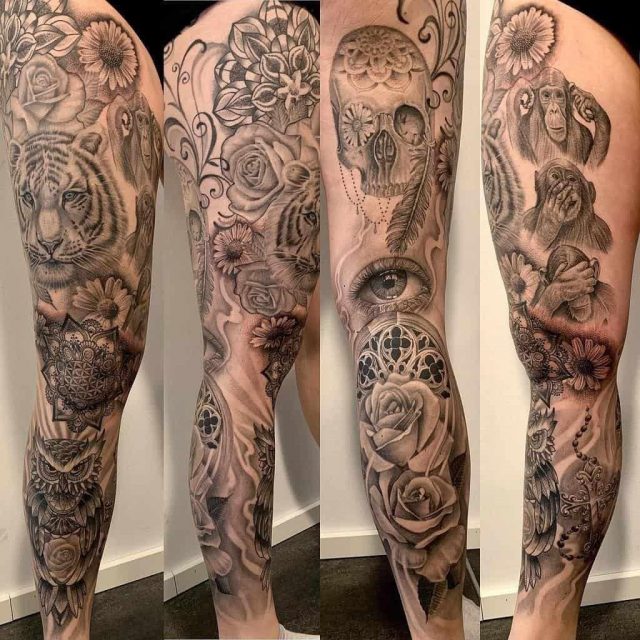 Black grey leg sleeve tattoo danielbornheim