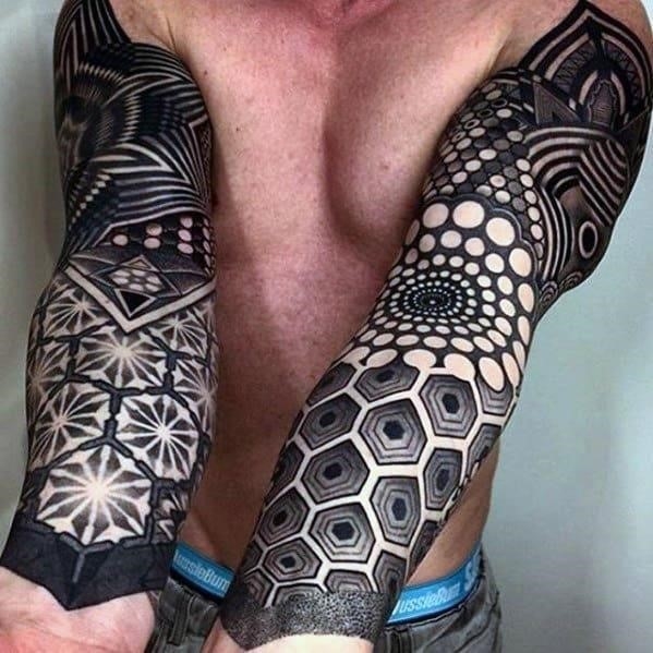 Black ink awesome geometric mens pattern sleeve tattoo ideas