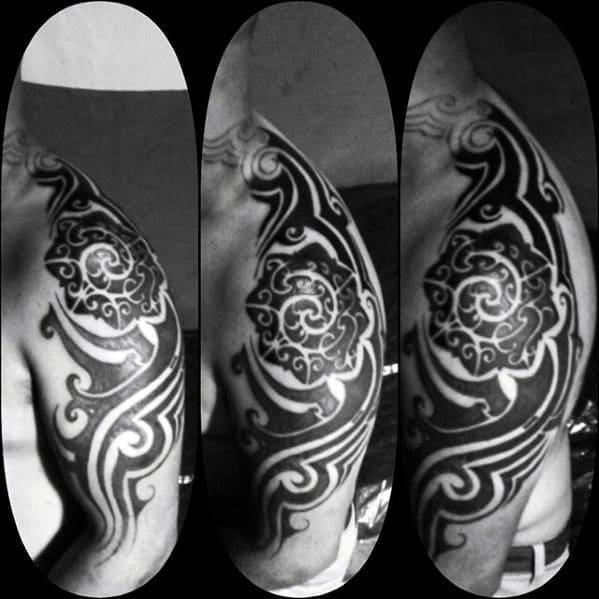 Black ink pattern sick tribal shoulder and arm tattoos for guys