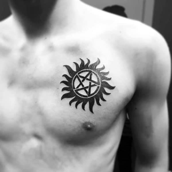 Black ink supernatural chest mens anti possession tattoo