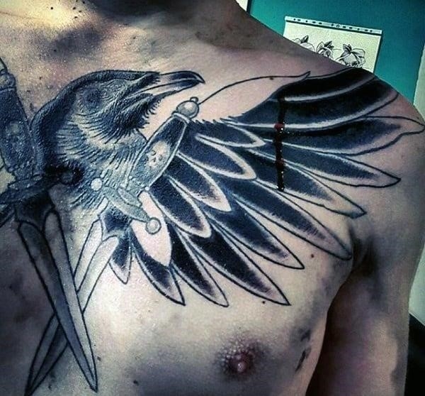 Black Ink Two Ravens With Skull Tattoo On Man Chest