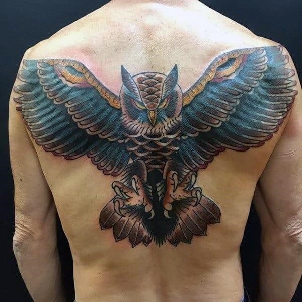 Blue owl male traditional back tattoos