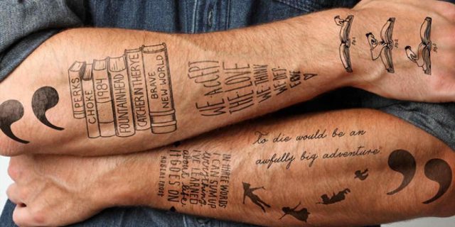Books and quotes leg tattoo for guys