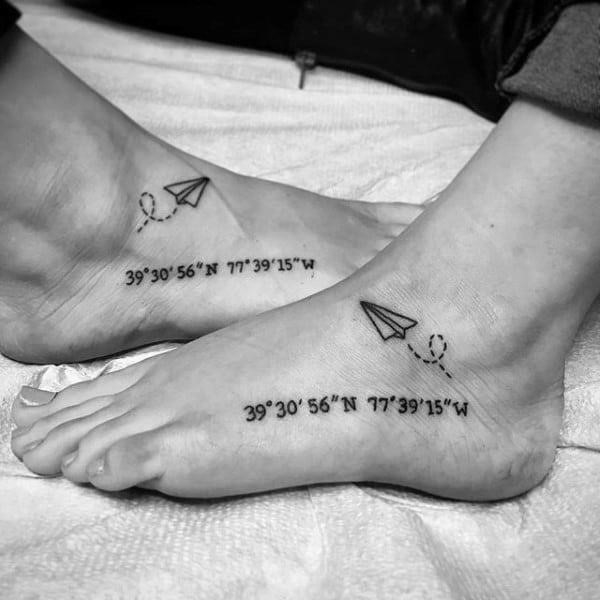 Brothers matching paper airplane foot tattoo designs