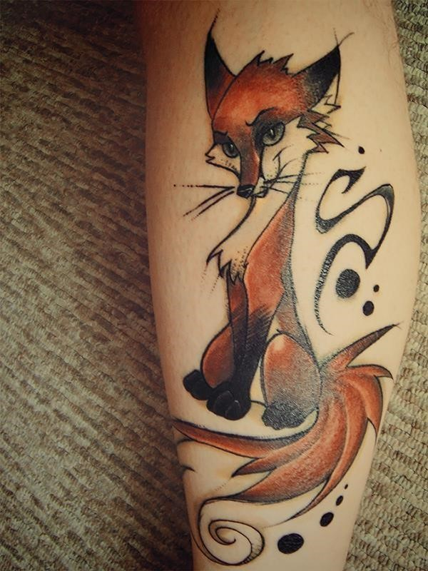 Cartoon fox tattoo on leg
