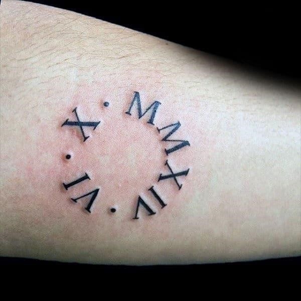 Circle roman numeral guys arm tattoos