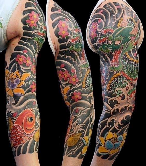 Classic cherry blossom male japanese themed sleeve tattoo