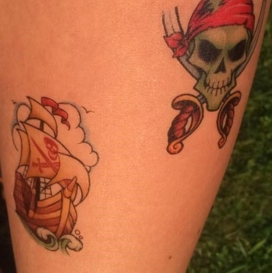 Classic vintage pirate skull ship fake tattoo applied m