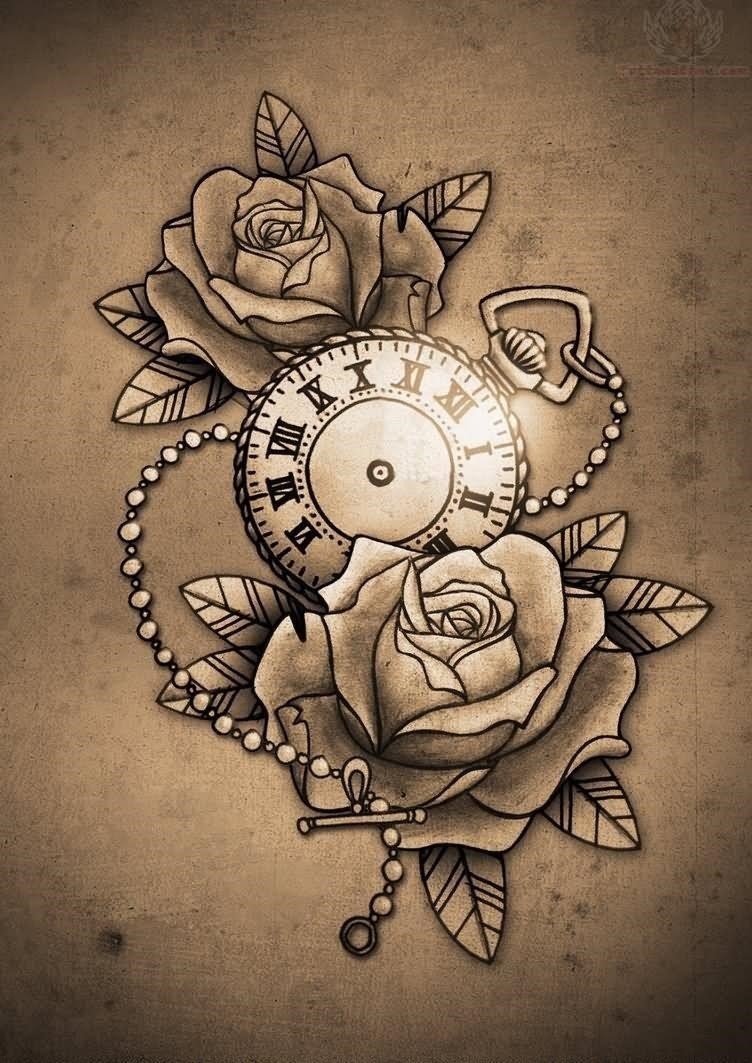 Roses And Clock Tattoo Outline Tattoo Design