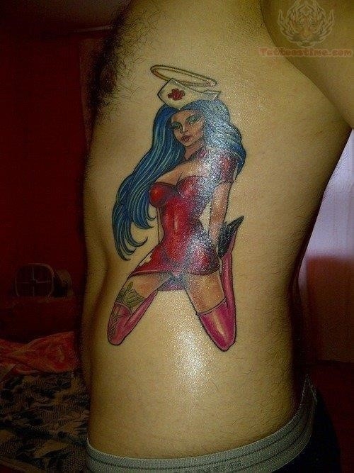Colored nurse tattoo on rib