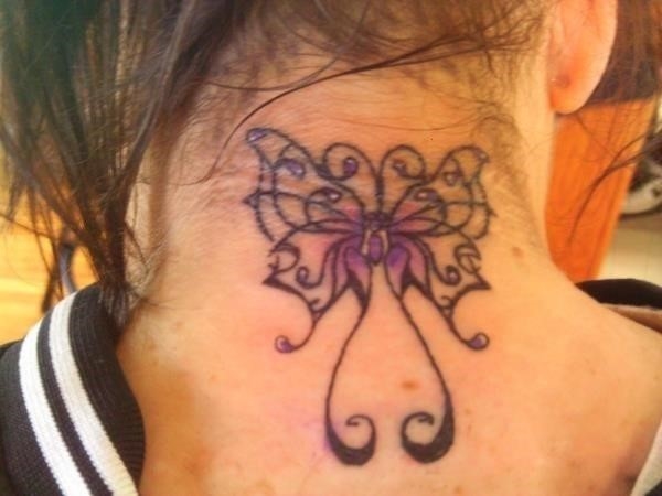 Colored tirbal butterfly neck tattoo