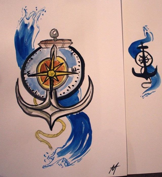 Colorful anchor compass tattoo