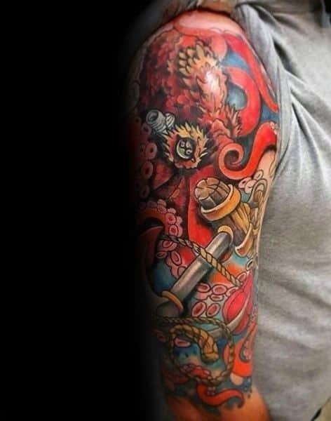 Colorful octopus male tattoo cover up sleeve designs