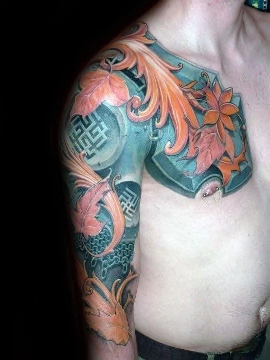 Colorful sweet guys battle armour half sleeve and chest tattoo designs