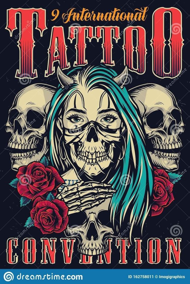 Colorful tattoo fest vintage poster colorful tattoo fest vintage poster horned chicano girl scary mask roses skulls 162758011