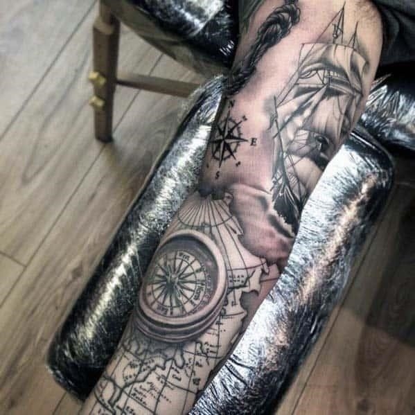 Compass with map and ship nautical mens sleeve tattoo