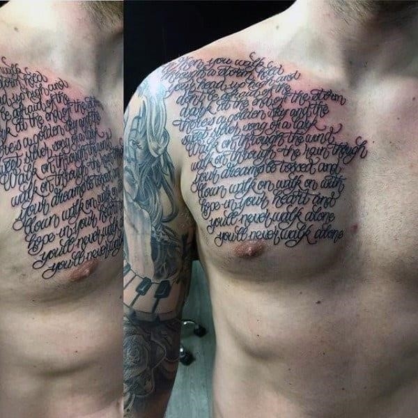 Continous cursive lettering tattoo male chest designs