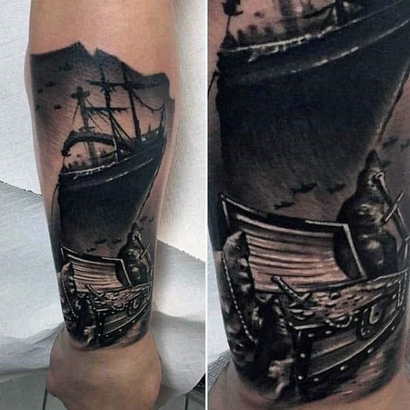 Cool badass mens forearm navy ship with treasure chest tattoo