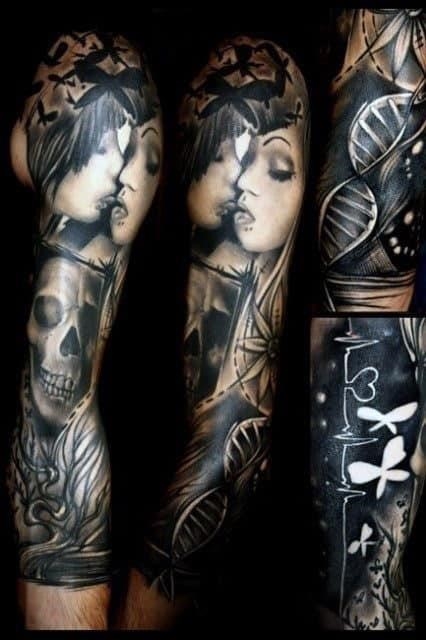 Cool full sleeve life and death themed tattoo for gentlemen