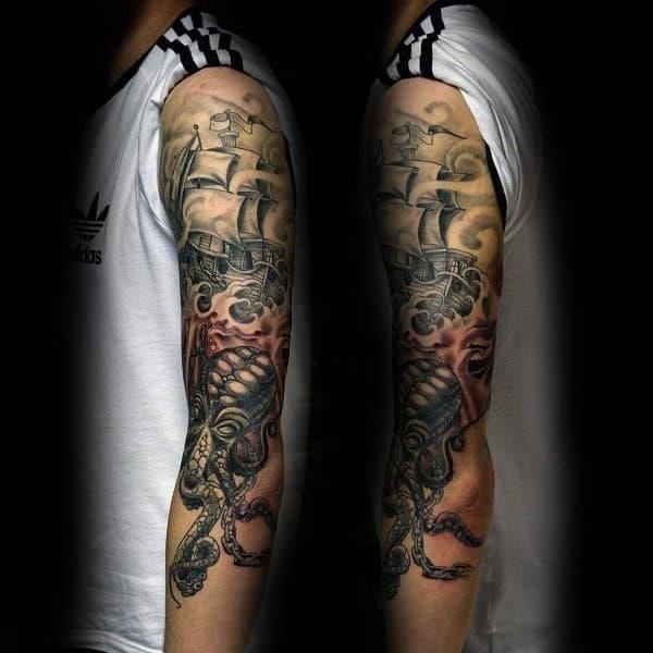 Cool kraken themd guys half sleeve tattoo inspiration
