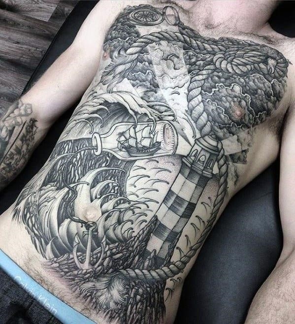 Cool mens sweet nautical themed full chest tattoo ideas
