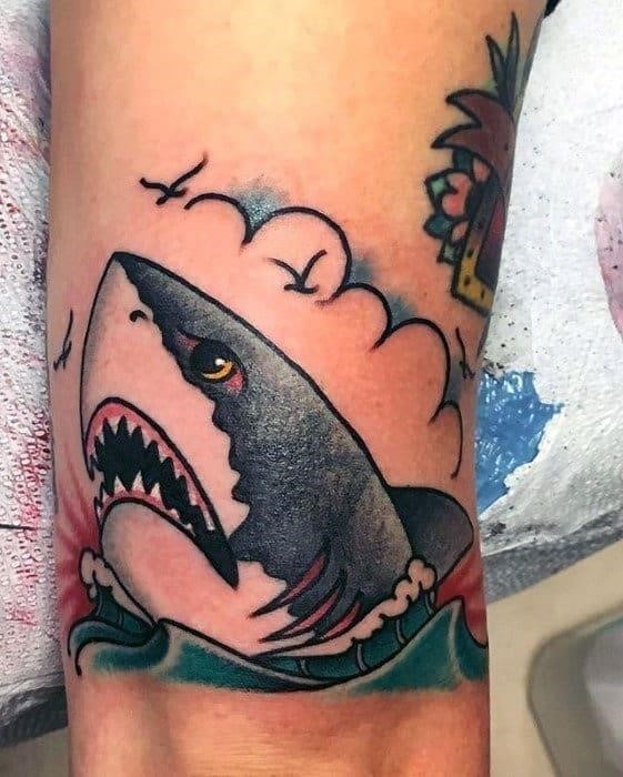 Cool small traditional shark mens outer forearm tattoos