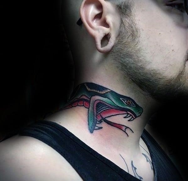 Cool traditional neck snake head male tattoo