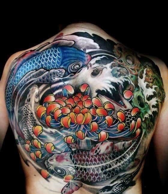 Cool yin yang koi fish japanese full back tattoo design ideas for male