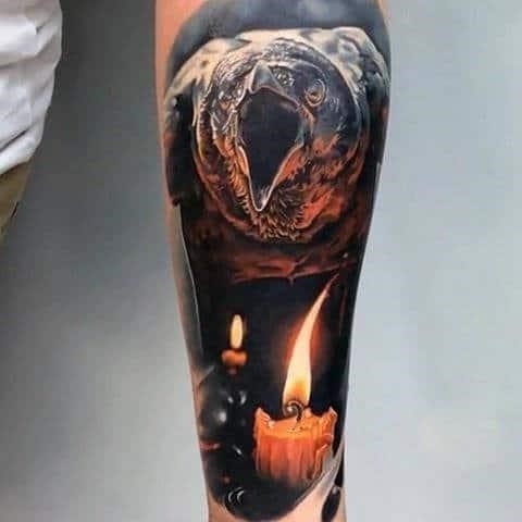 Crow with candle on fire realistic mens tattoos