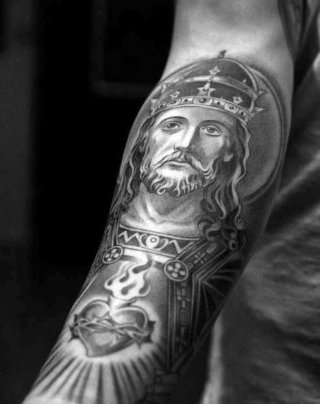 Decorative detailed guys jesus black and grey ink forearm tattoos