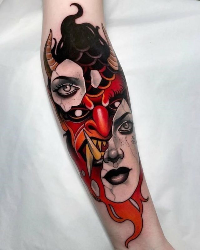 Devil behind the mask of a female face forearm tattoo neo traditional animal tatoo