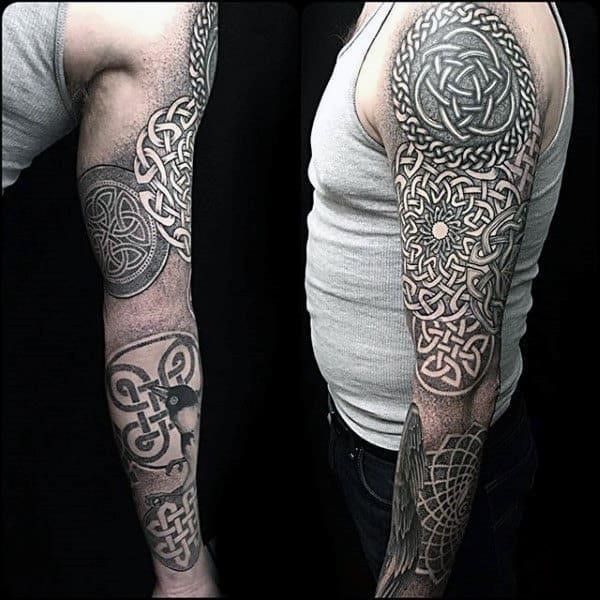 Dotwork full sleeve male celtic knot tattoo design ideas
