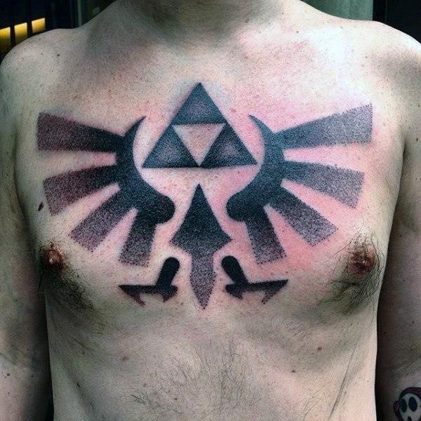 Dotwork guys triforce chest tattoo designs with black ink