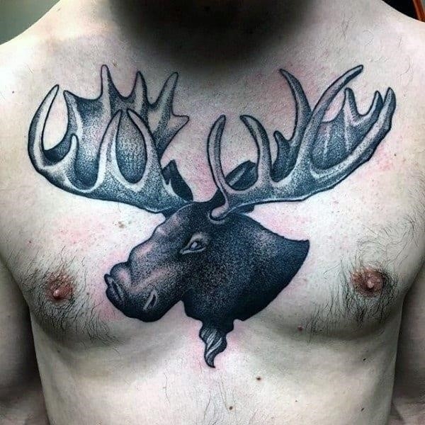 Dotwork woodcut moose mens upper chest tattoo
