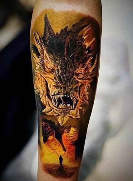 Dragon lord of the rings mens forearm sleeve tattoo