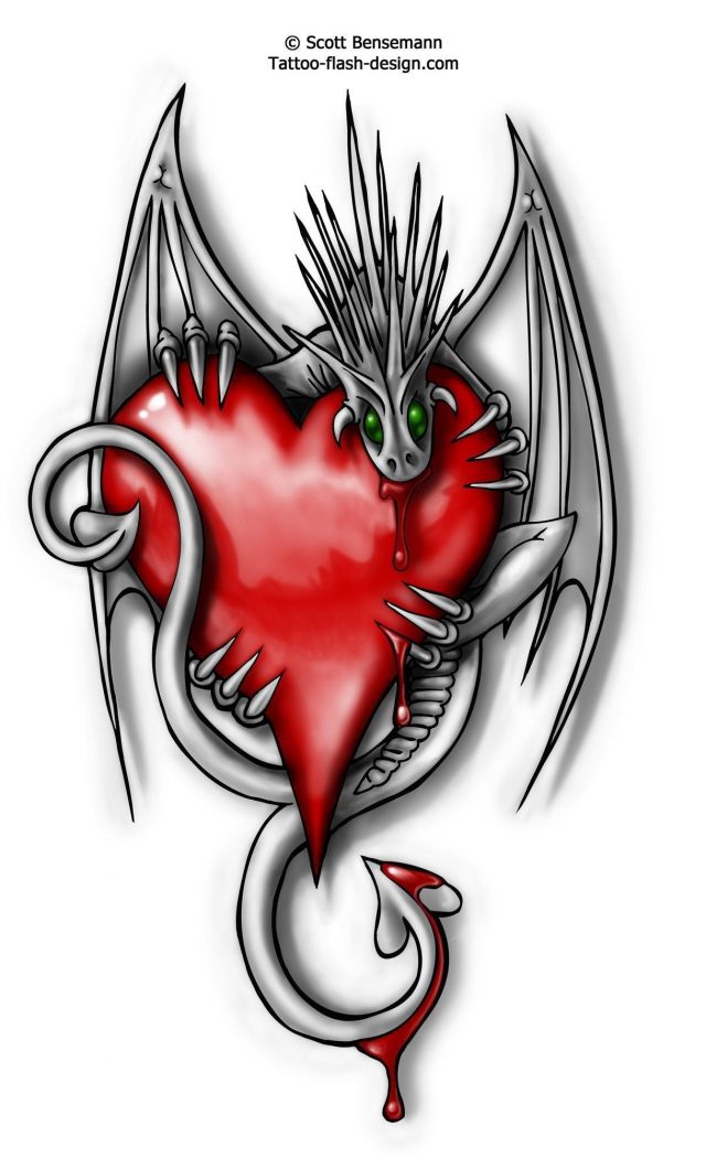 Dragon with red heart tattoo design