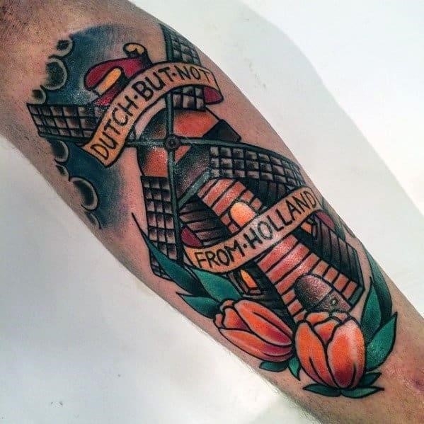 Dutch windmill mens traditional shin tattoo design