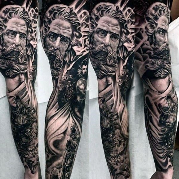 Extensive greek myth tattoos on arms for men