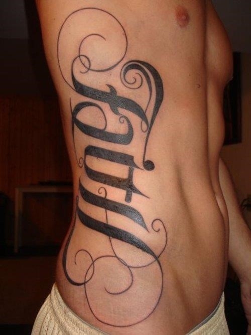Faith hope ambigram tattoo on man side rib