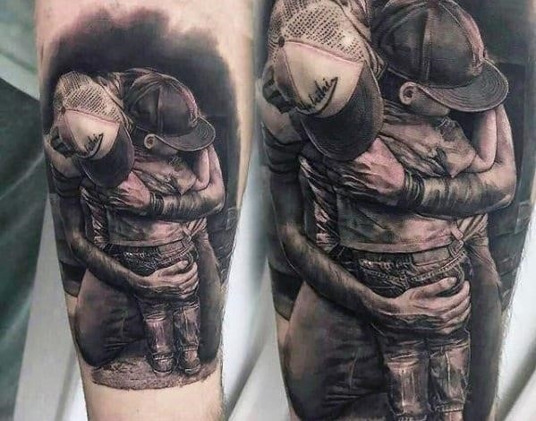 Father hugging son mens realistic 3d forearm tattoo