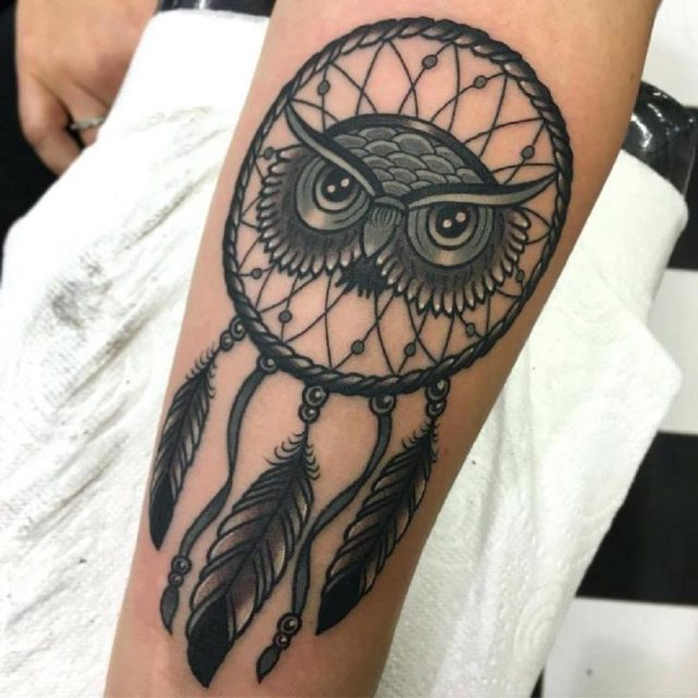 Fierce dreamcatcher owl tattoo